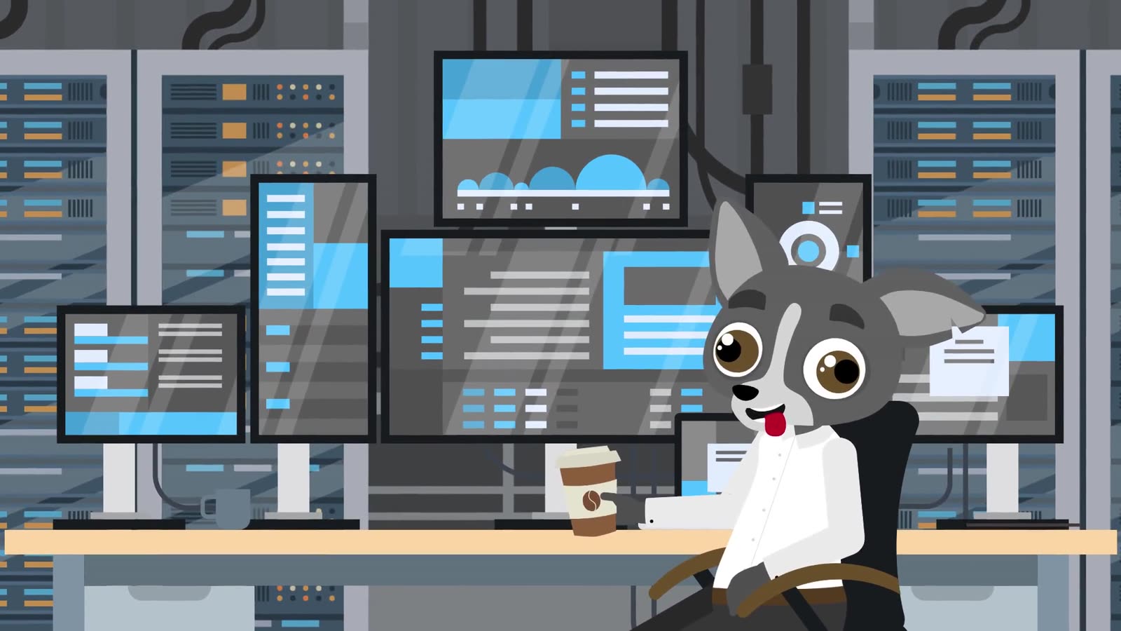 Illustrated consultant at work in a server room