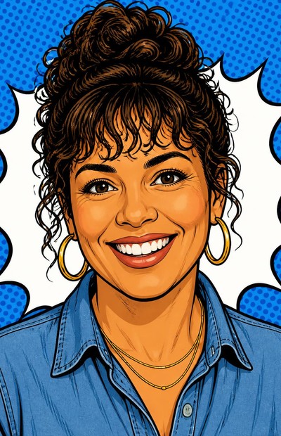 Comic-style portrait of Priscilla Moreno